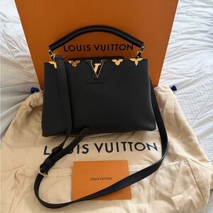 Louis Vuitton Black Leather Shoulder Bag with Gold Accents